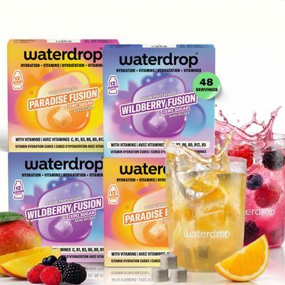 waterdrop Fruit Fusion Hydration Tablets Duo Pack - 48 Sugar Free Water Flavouring Cubes, 2 Flavours: Paradise & Wildberry Fusion, with Vitamin C & B, Low Calorie & Vegan Drink Mix
