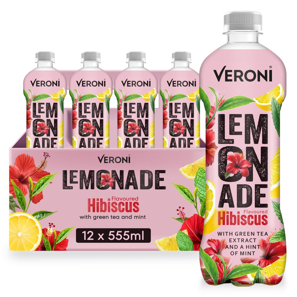 Veroni Hibiscus Lemonade with Green Tea and Mint, 12 x 555ml Bottles Light, Floral & Cooling Beverage