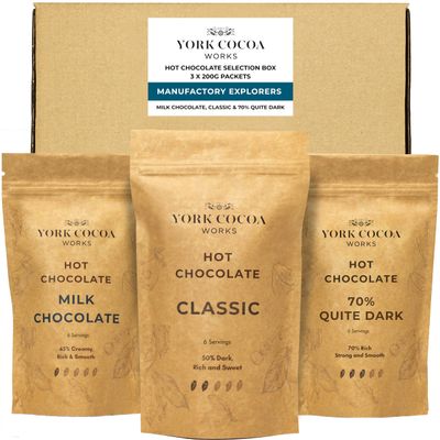 York Cocoa Works Hot Chocolate Selection Pack, Milk, Classic and 70% Dark, 3 x 200g