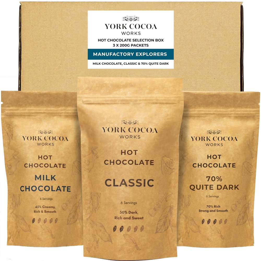 York Cocoa Works Hot Chocolate Selection Pack, Milk, Classic and 70% Dark, 3 x 200g