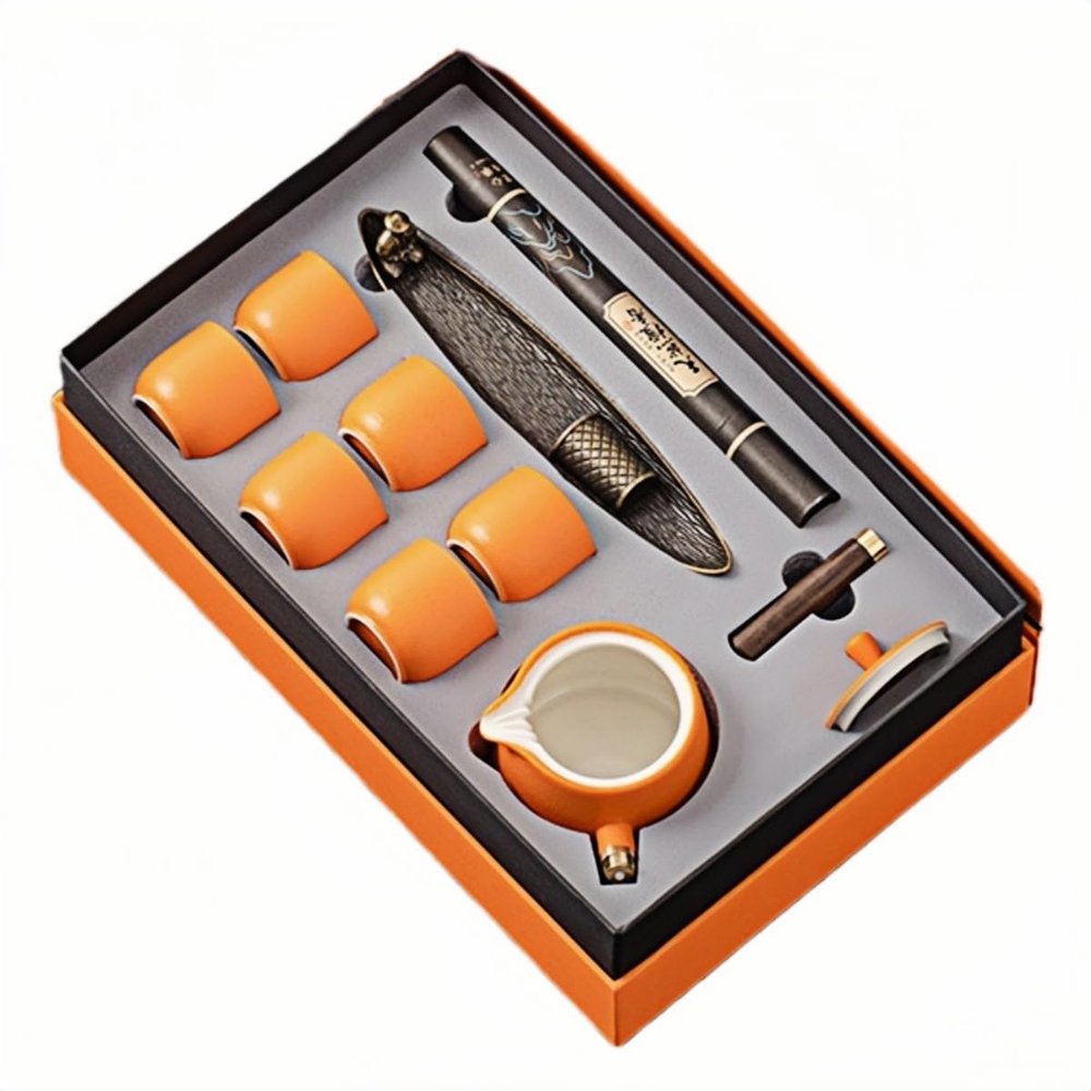 HUMOCHUSON Ceramic Chinese Ancient Style Lonely Boat Incense Tea Set Combination Gift Box - Orange Gift Box + Orange Tea Set