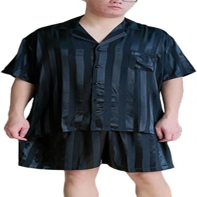 2-piece Mens Silk Pajamas Set Plus size Button-Down Short Sleeve Shirt Top Soft Satin Sleepwear With Pocket Loungewear(XX-Large) Black