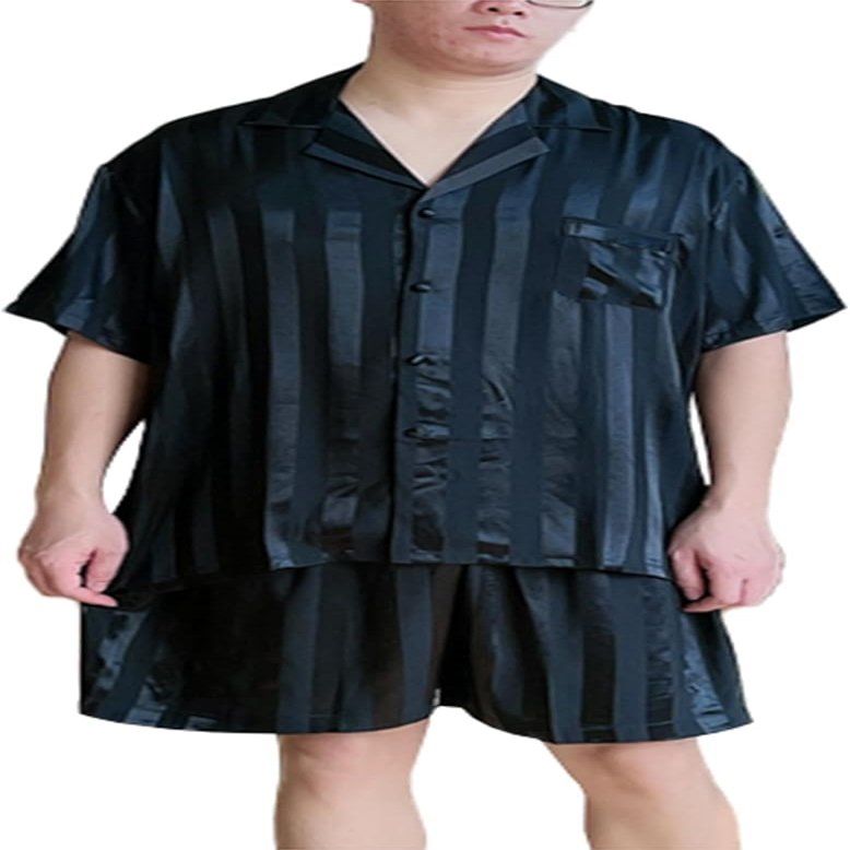 2-piece Mens Silk Pajamas Set Plus size Button-Down Short Sleeve Shirt Top Soft Satin Sleepwear With Pocket Loungewear(XX-Large) Black