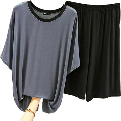 2-Piece Mens Shorts Pajama Sets Summer Short Sleeve Henley Modal Shorts Pjs Set with Henley Top Lounge Set(Grey,5X-Large)