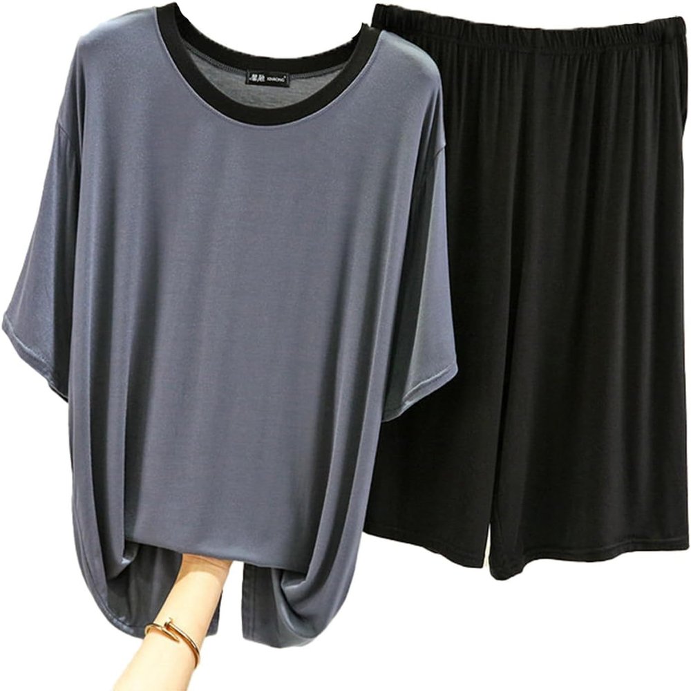 2-Piece Mens Shorts Pajama Sets Summer Short Sleeve Henley Modal Shorts Pjs Set with Henley Top Lounge Set(Grey,5X-Large)