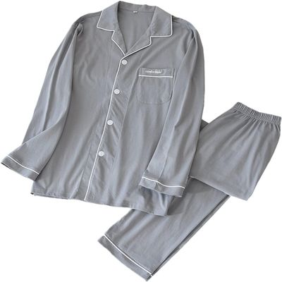 Men's Button Down Pajama Set 2-Piece Cotton Long Sleeve Sleepwear Solid Color Loungewear Pjs Sets(Light Gray,Medium)