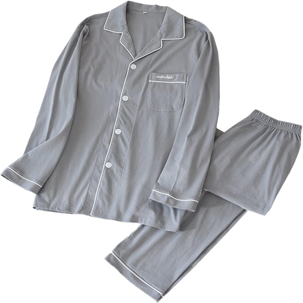 Men's Button Down Pajama Set 2-Piece Cotton Long Sleeve Sleepwear Solid Color Loungewear Pjs Sets(Light Gray,Medium)
