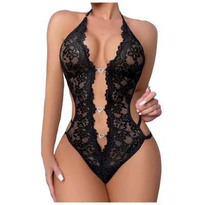 2025- Floral Lace Lingerie Teddy Bodysuit Open Bras for Women (Black, XL)