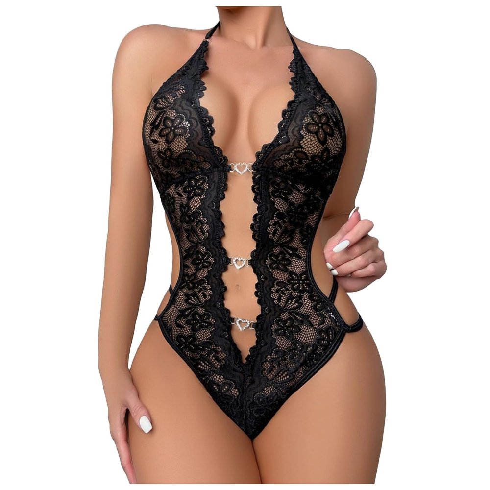 2025- Floral Lace Lingerie Teddy Bodysuit Open Bras for Women (Black, XL)