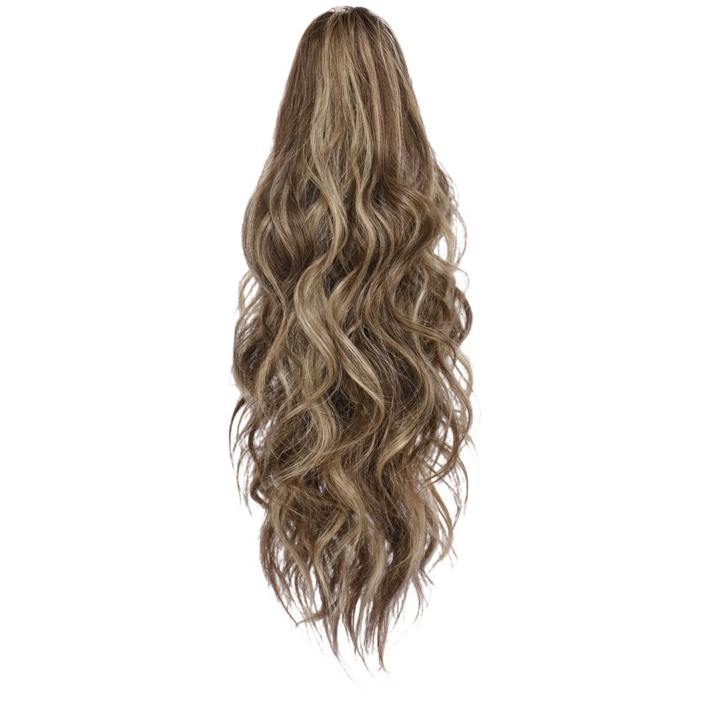 18-Inch Curly Clip-in Ponytail Extension, Light Brown with Golden Highlights, Synthetic Wavy Hair for Volume