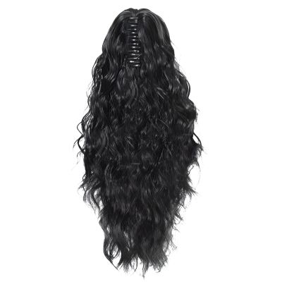 18 Black Water Wave Claw Clip Ponytail Extension for Black Women, Synthetic Fiber with High-Heat Resistance for Realistic Look