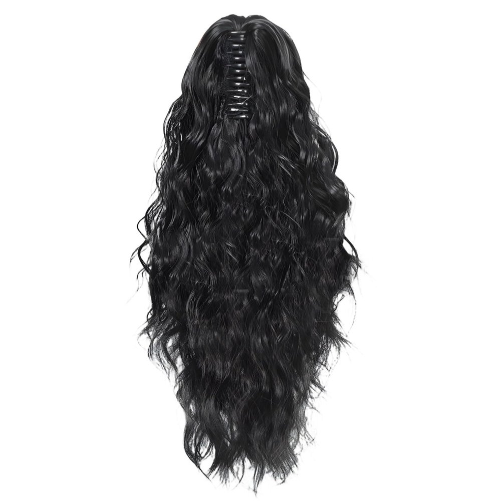 18 Black Water Wave Claw Clip Ponytail Extension for Black Women, Synthetic Fiber with High-Heat Resistance for Realistic Look