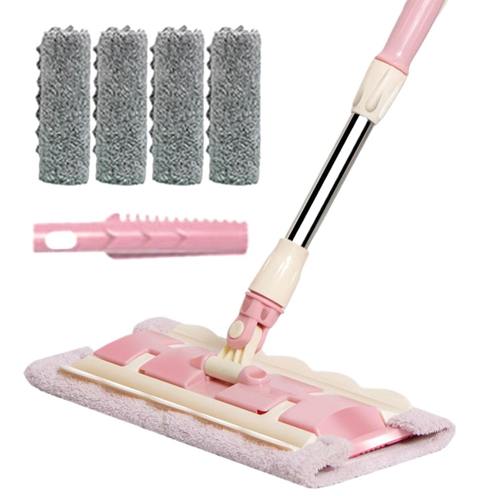 Yhsioaklo Flat Floor Broom | Kitchen Broom with 4 Washable Sponges | Telescopic Handle, 360 Rotatable Cleaning Tool for Kitchen Bathroom Hard Surfaces