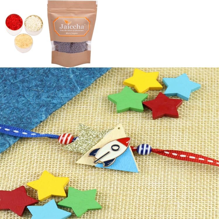 Ghasitaram Gifts Rakhis Gifts for Brothers Rakhis Online KR25-097-Rocket Kids Rakhi - Metal with Chocolate Coated Rice Crispies 200 GMS