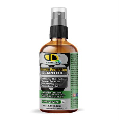 DD Teck Beard Growth Oil for Men with Peppermint Stimulates Hair Follicles, Strengthens & Moisturizes, Stops Itch & Dandruff Jojoba, Argan, Castor, Grapeseed, Almond Oil (50ml Dropper Spray)