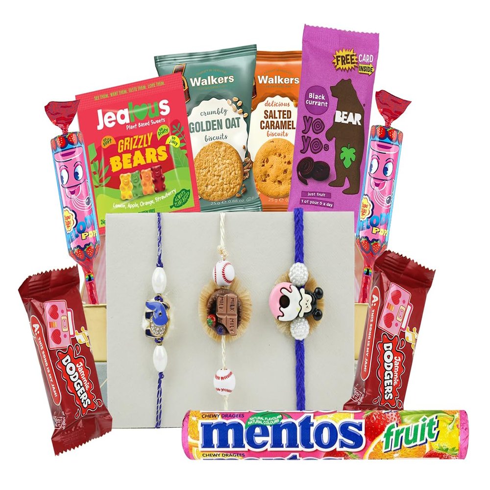 Emartbuy Rakhi Gift Hamper with 3 Cartoon Rakhis for Kids, Assorted Biscuits, Sweets, Candies & Premium Gift Box | Raksha Bandhan Hamper for Boys with Snacks & Fun Treats