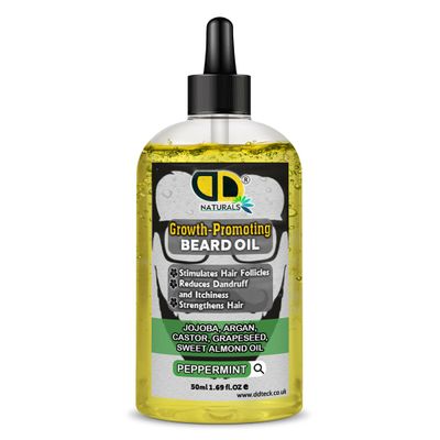 DD Teck Beard Growth Oil for Men with Peppermint Stimulates Hair Follicles, Strengthens & Moisturizes, Stops Itch & Dandruff Jojoba, Argan, Castor, Grapeseed, Almond Oil (50ml Clear Dropper)