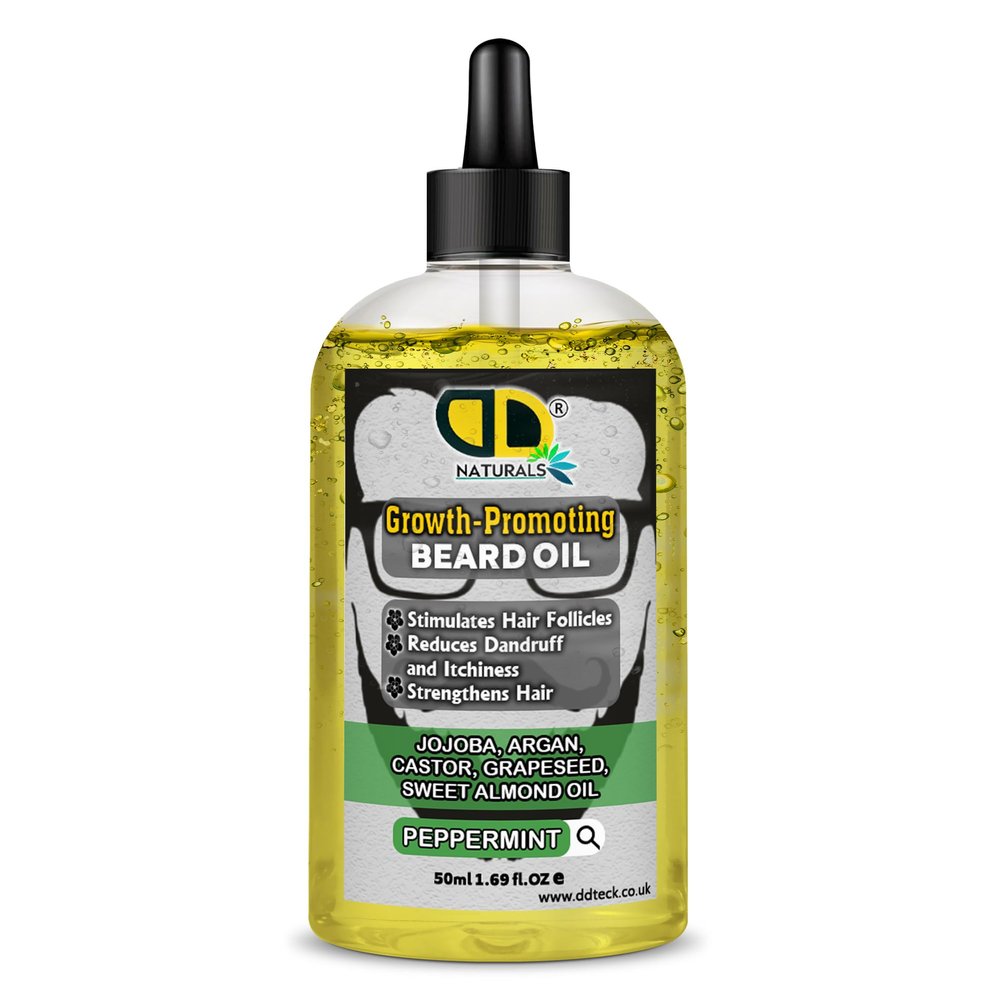 DD Teck Beard Growth Oil for Men with Peppermint Stimulates Hair Follicles, Strengthens & Moisturizes, Stops Itch & Dandruff Jojoba, Argan, Castor, Grapeseed, Almond Oil (50ml Clear Dropper)