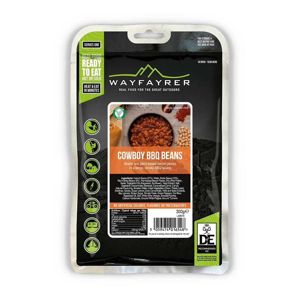 Wayfayrer Camping Food 300g Ready to Eat, Hot or Cold, Meal Pouch | Duke of Edinburgh Recommended Kit | Camping, Hiking, Fishing and Outdoor Adventures (Cowboy BBQ Beans)