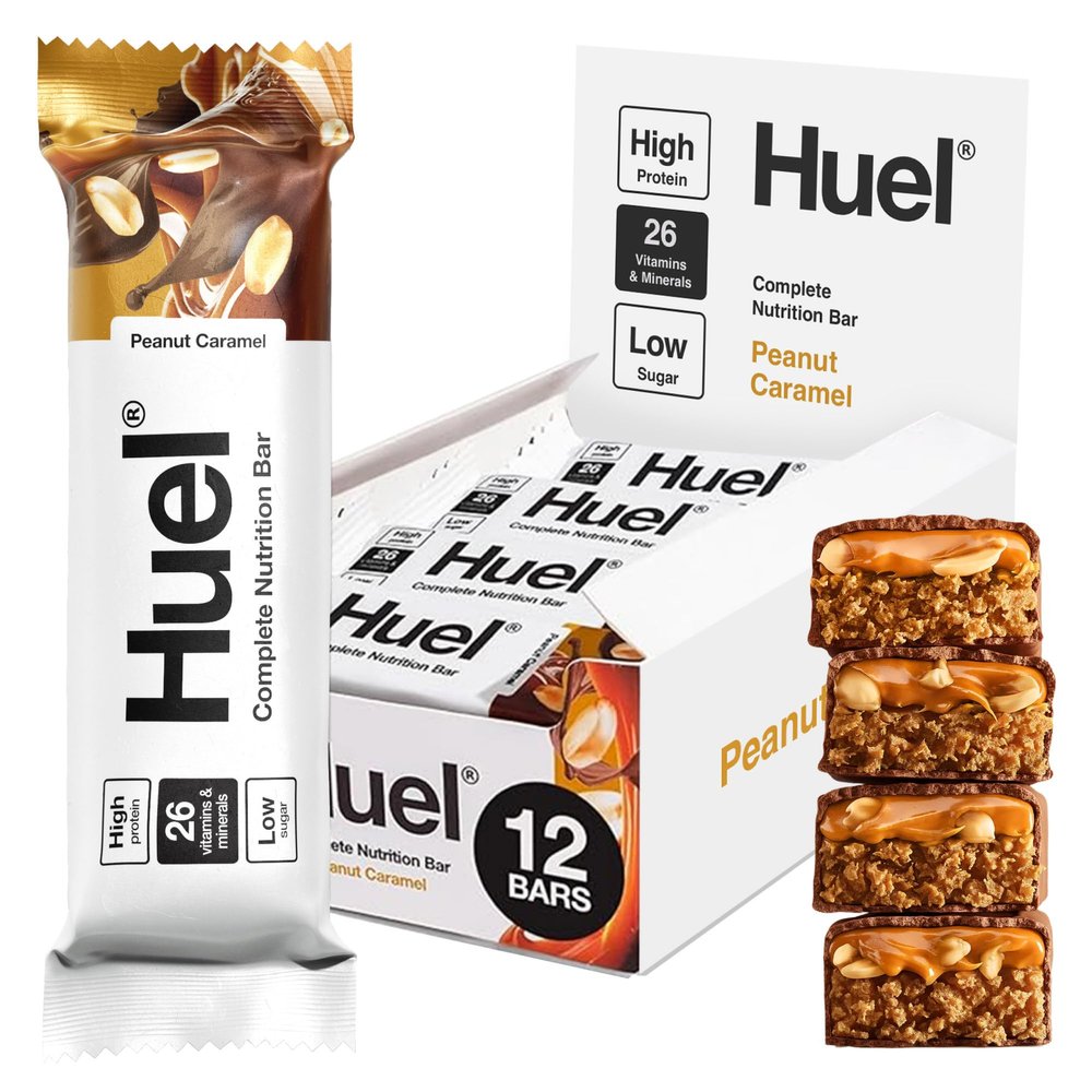 Huel Complete Nutrition Bar, 12 x 55g Bars, Peanut Caramel, High Protein Bar, Plant-Based Protein Bars, Low Sugar, High Fibre, High-Protein Snack with Vegan Chocolate, Under 210 Calories