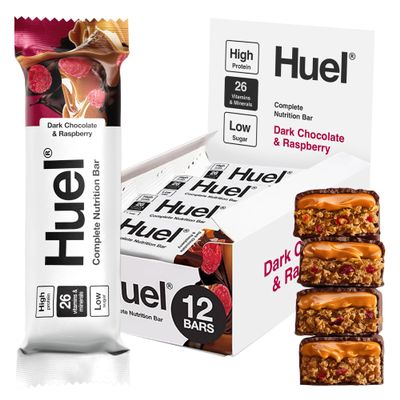 Huel Complete Nutrition Bar, 12 x 55g Bars, Dark Chocolate Raspberry, High Protein Bar, Plant-Based Protein Bars, Low Sugar, High Fibre, High-Protein Snack with Vegan Chocolate, Under 210 Calories