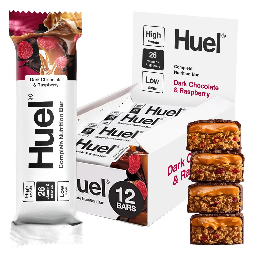 Huel Complete Nutrition Bar, 12 x 55g Bars, Dark Chocolate Raspberry, High Protein Bar, Plant-Based Protein Bars, Low Sugar, High Fibre, High-Protein Snack with Vegan Chocolate, Under 210 Calories