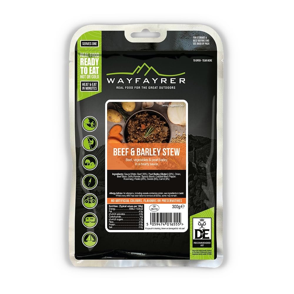 Wayfayrer Camping Food 300g Ready to Eat, Hot or Cold, Meal Pouch | Duke of Edinburgh Recommended Kit | Camping, Hiking, Fishing and Outdoor Adventures (Beef & Barley Stew)