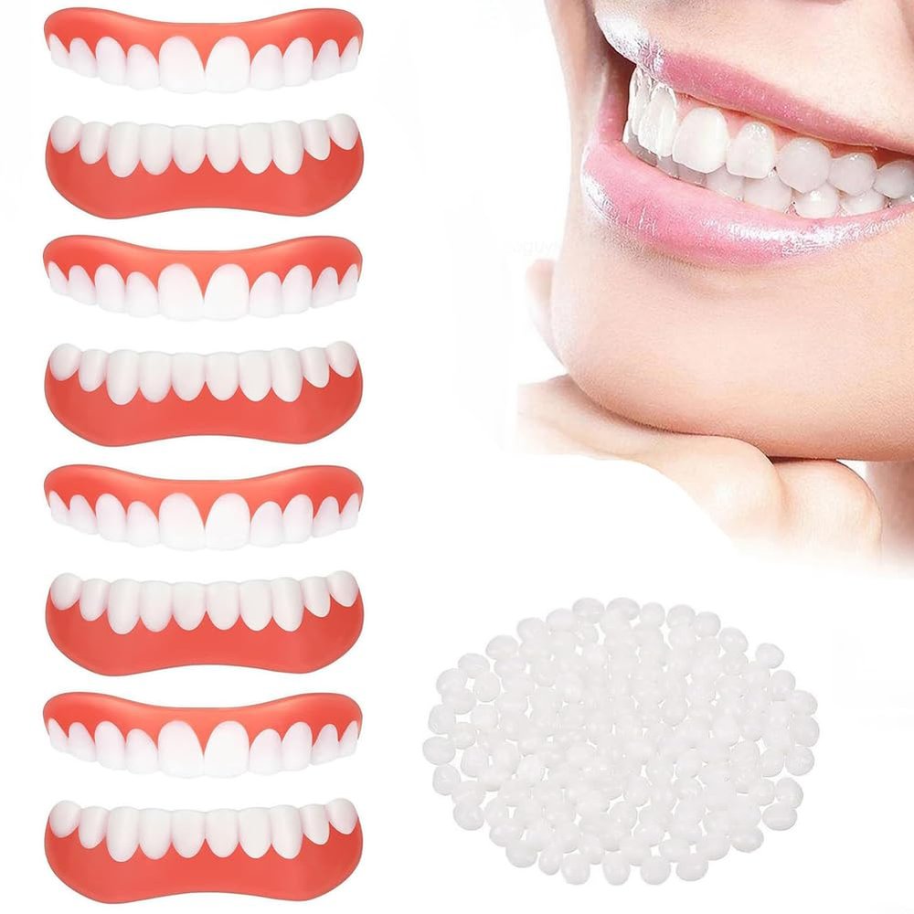 Wttfc 4 Pair False Teeth Veneers Top and Bottom Instant Veneers Dentures White Fake Teeth Veneers, Snap on Dentures, Smile Veneer Cosmetic Teeth Whitening Clip in Veneers Teeth for Men Women