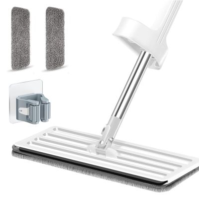 2 - in - 1 Hand - Free Flat Floor Mop with 360 Rotating Squeeze - Ideal for Wet, Dry & Dust Cleaning in Bathroom & Kitchen - 2 Reusable Washable Microfiber Pads Included