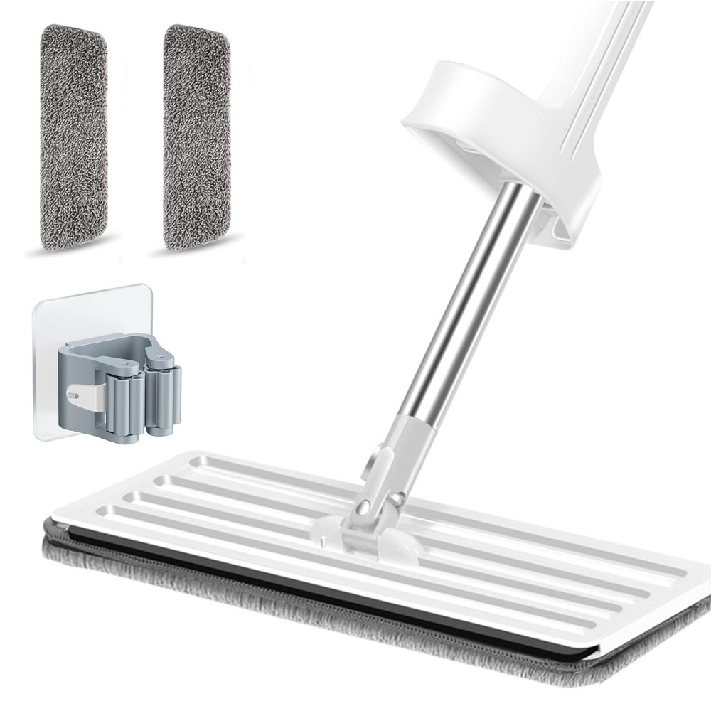 2 - in - 1 Hand - Free Flat Floor Mop with 360 Rotating Squeeze - Ideal for Wet, Dry & Dust Cleaning in Bathroom & Kitchen - 2 Reusable Washable Microfiber Pads Included
