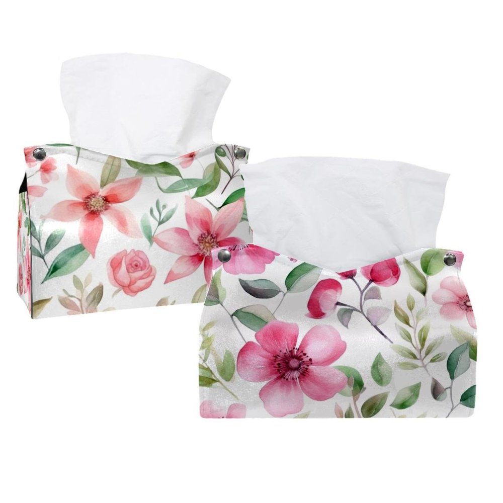 2 pack Pink Flowers with Leaves Tissue Box Cover, Decorative Tissue Box Dispenser for Bathroom, Parlors, Office, Bedroom Dresser, Vanity Countertop, Nightstand, Car, and Desk