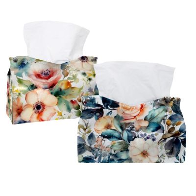 2 pack Floral Pattern with Flowers Tissue Box Cover, Decorative Tissue Box Dispenser for Bathroom, Parlors, Office, Bedroom Dresser, Vanity Countertop, Nightstand, Car, and Desk