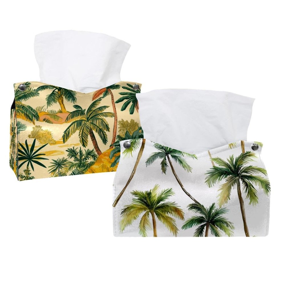 2 pack tropical palm trees tree (1) Tissue Box Cover, Decorative Tissue Box Dispenser for Bathroom, Parlors, Office, Bedroom Dresser, Vanity Countertop, Nightstand, Car, and Desk