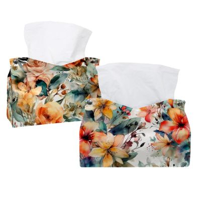 2 pack Floral Pattern with Flowers Tissue Box Cover, Decorative Tissue Box Dispenser for Bathroom, Parlors, Office, Bedroom Dresser, Vanity Countertop, Nightstand, Car, and Desk