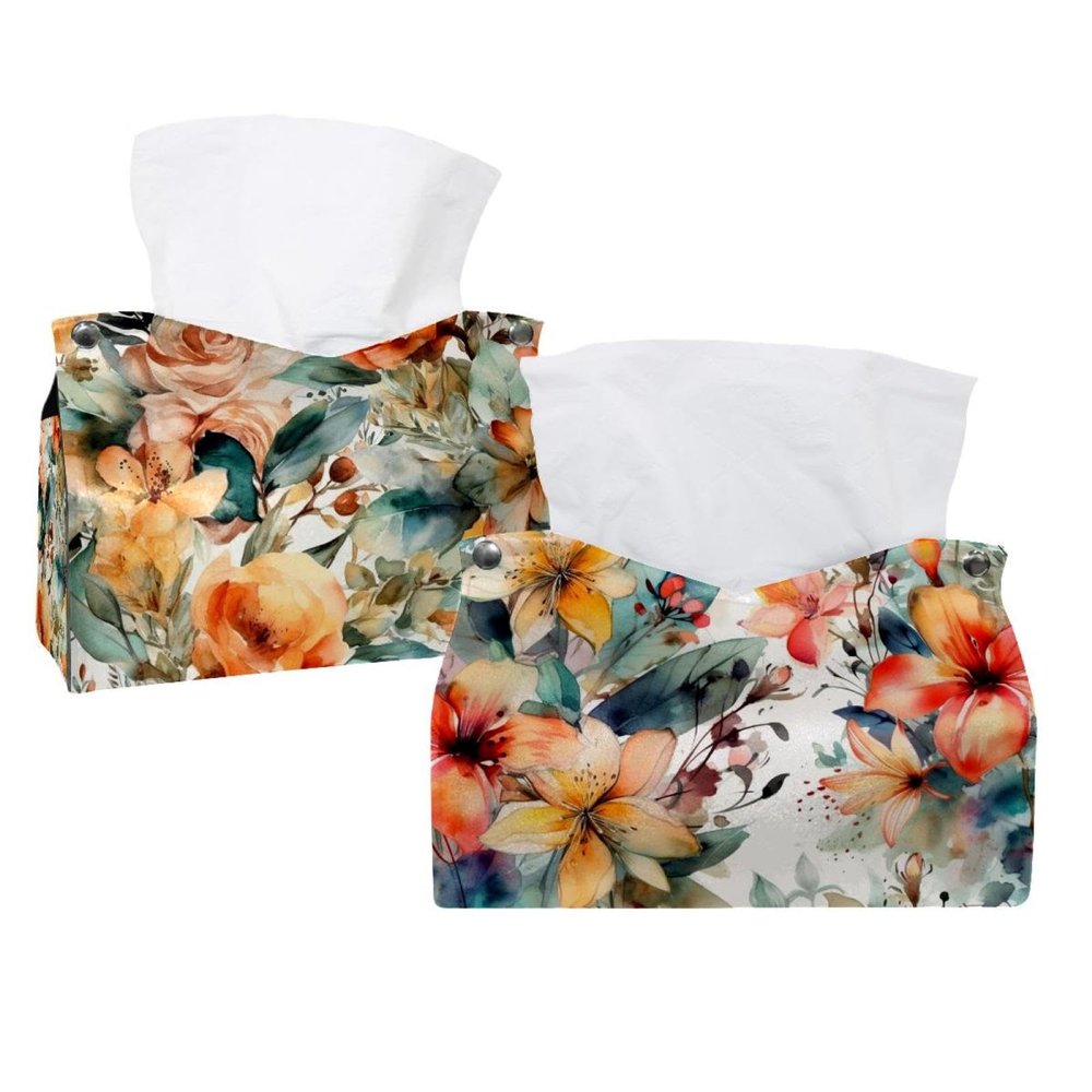 2 pack Floral Pattern with Flowers Tissue Box Cover, Decorative Tissue Box Dispenser for Bathroom, Parlors, Office, Bedroom Dresser, Vanity Countertop, Nightstand, Car, and Desk