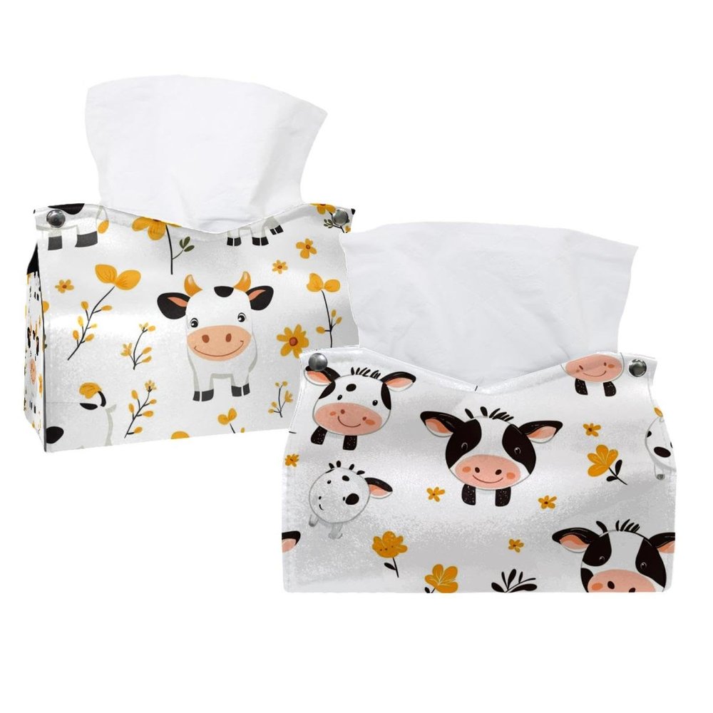 2 pack Animal Cute Cows (35) Tissue Box Cover, Decorative Tissue Box Dispenser for Bathroom, Parlors, Office, Bedroom Dresser, Vanity Countertop, Nightstand, Car, and Desk