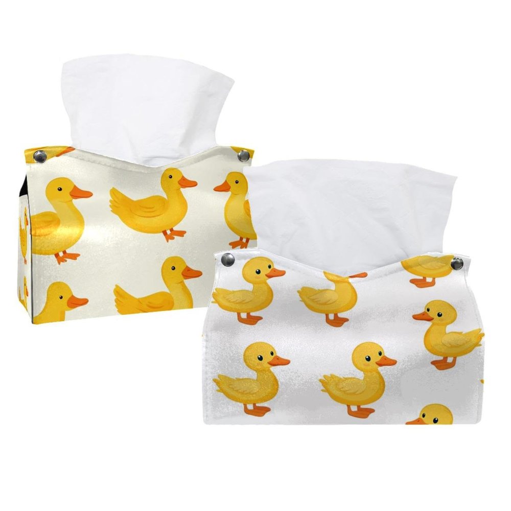 2 pack Yellow ducklings on a white field Tissue Box Cover, Decorative Tissue Box Dispenser for Bathroom, Parlors, Office, Bedroom Dresser, Vanity Countertop, Nightstand, Car, and Desk