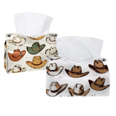 2 pack Cowboy Hat Cactuses Western Tissue Box Cover, Decorative Tissue Box Dispenser for Bathroom, Parlors, Office, Bedroom Dresser, Vanity Countertop, Nightstand, Car, and Desk