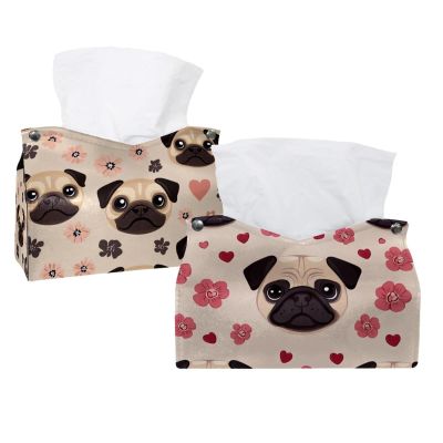 2 pack Cartoon Pug Dog Face Flower (3) Tissue Box Cover Leather Facial Tissue Dispenser Box Holder for Dresser Bathroom Decorative