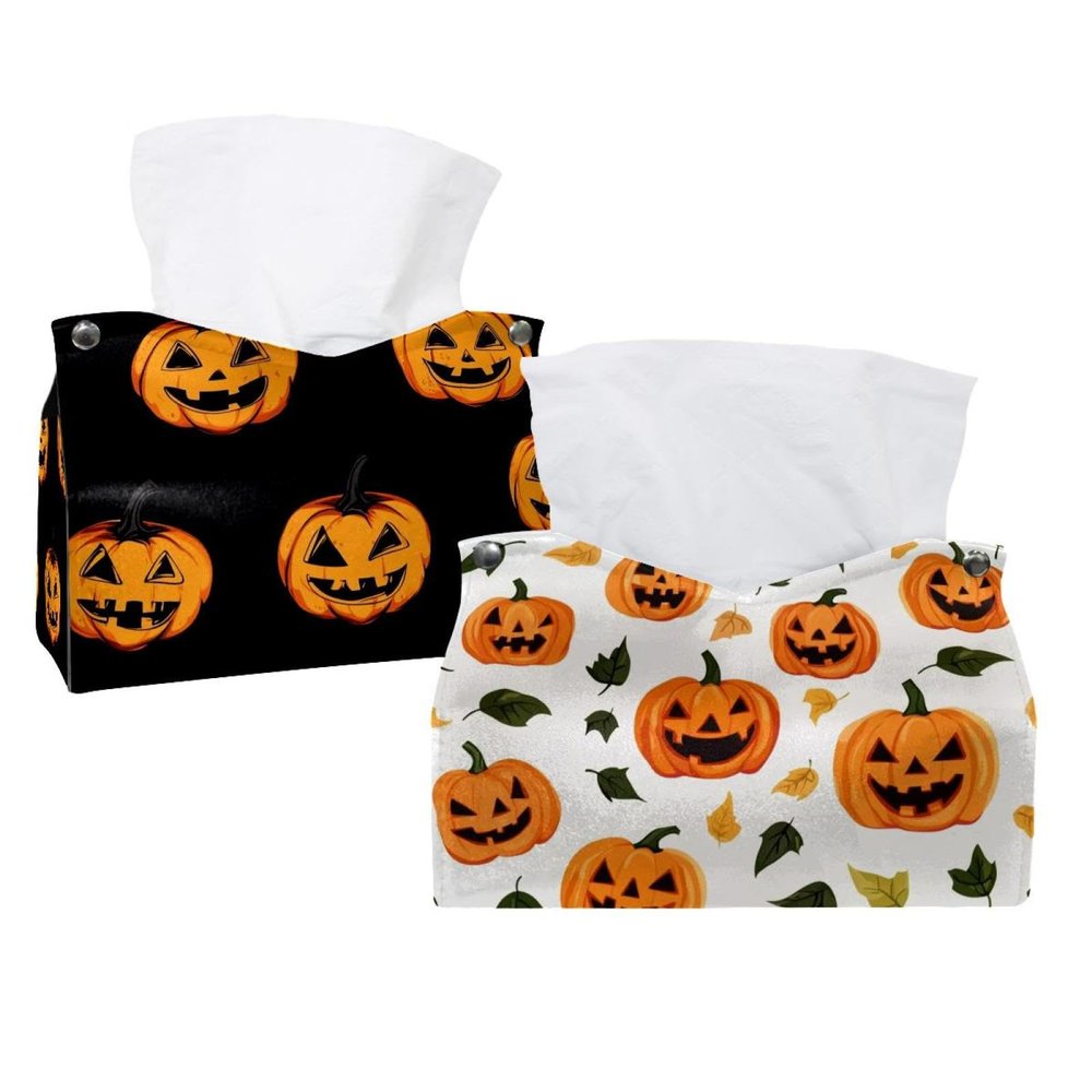 2 pack Halloween Pumpkins Bats Skull Tissue Box Cover, Decorative Tissue Box Dispenser for Bathroom, Parlors, Office, Bedroom Dresser, Vanity Countertop, Nightstand, Car, and Desk