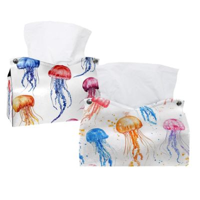 2 pack_Colorful jellyfish (2) Tissue Box Cover, Decorative Tissue Box Dispenser for Bathroom, Parlors, Office, Bedroom Dresser, Vanity Countertop, Nightstand, Car, and Desk