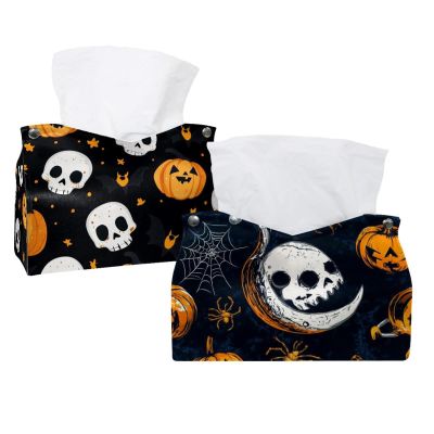 2 pack Skulls Pumpkins Bats Tissue Box Cover, Decorative Tissue Box Dispenser for Bathroom, Parlors, Office, Bedroom Dresser, Vanity Countertop, Nightstand, Car, and Desk
