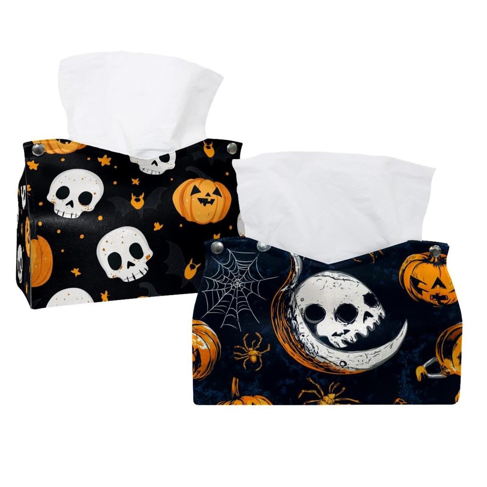 2 pack Skulls Pumpkins Bats Tissue Box Cover, Decorative Tissue Box Dispenser for Bathroom, Parlors, Office, Bedroom Dresser, Vanity Countertop, Nightstand, Car, and Desk