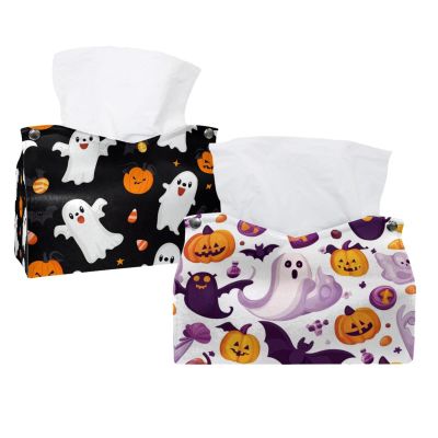 2 pack Halloween Bats Candies Pumpkins Tissue Box Cover, Decorative Tissue Box Dispenser for Bathroom, Parlors, Office, Bedroom Dresser, Vanity Countertop, Nightstand, Car, and Desk