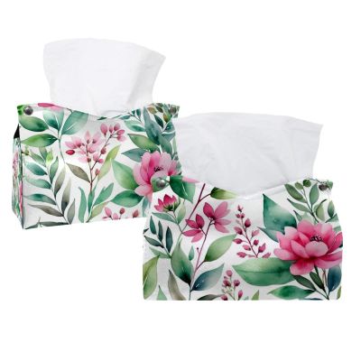2 pack Flowers and Green Leaves Tissue Box Cover, Decorative Tissue Box Dispenser for Bathroom, Parlors, Office, Bedroom Dresser, Vanity Countertop, Nightstand, Car, and Desk
