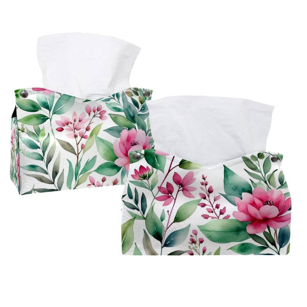2 pack Flowers and Green Leaves Tissue Box Cover, Decorative Tissue Box Dispenser for Bathroom, Parlors, Office, Bedroom Dresser, Vanity Countertop, Nightstand, Car, and Desk