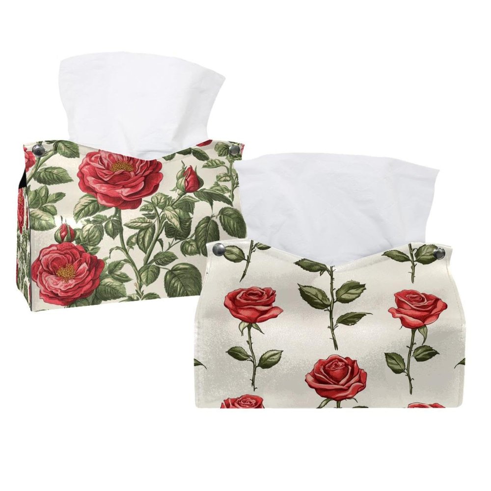 2 pack Floral Flower Red Roses Tissue Box Cover, Decorative Tissue Box Dispenser for Bathroom, Parlors, Office, Bedroom Dresser, Vanity Countertop, Nightstand, Car, and Desk