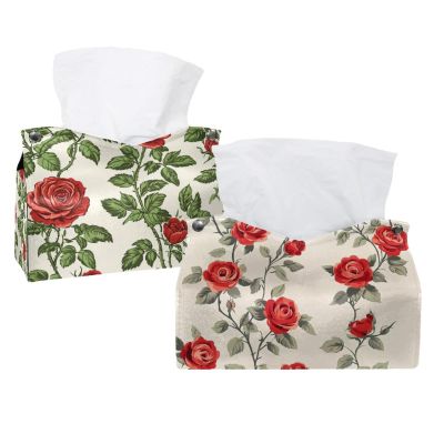 2 pack Floral Flower Red Roses Tissue Box Cover, Decorative Tissue Box Dispenser for Bathroom, Parlors, Office, Bedroom Dresser, Vanity Countertop, Nightstand, Car, and Desk