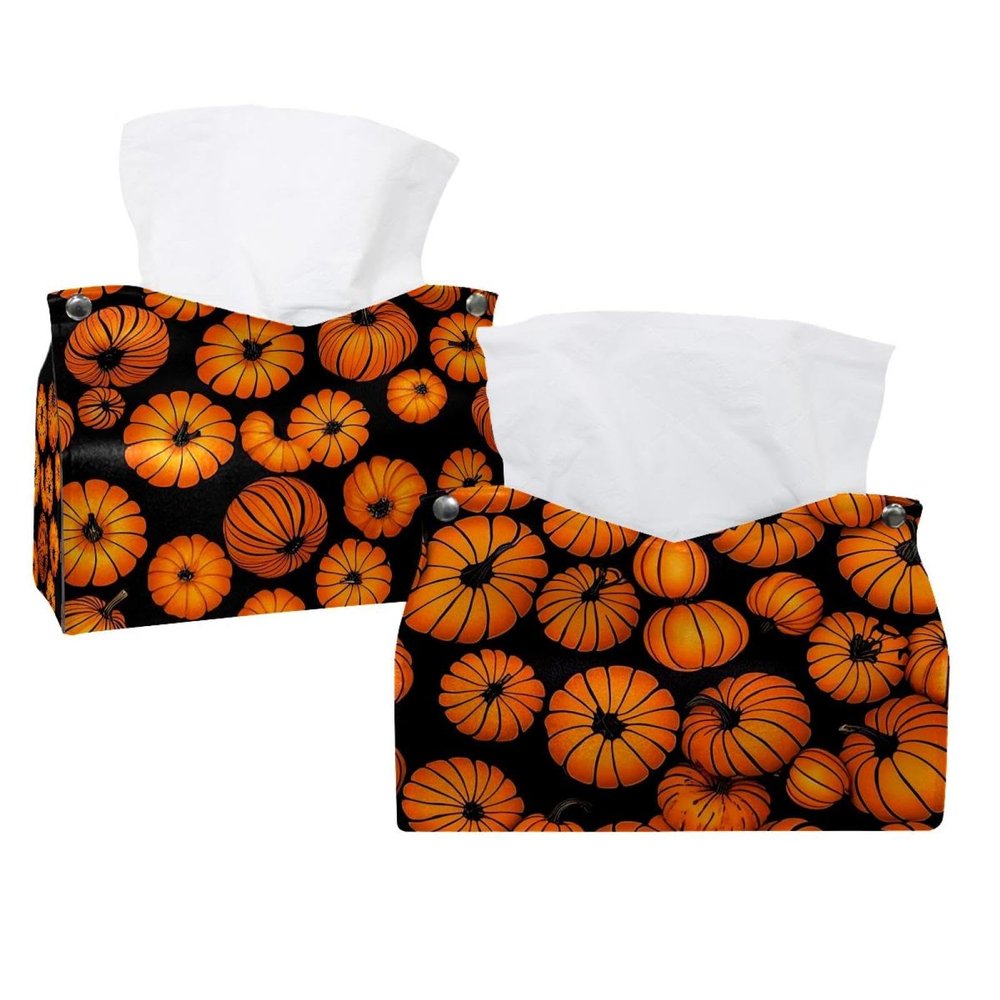 2 pack Helloween Pumkins 3_42 Tissue Box Cover, Decorative Tissue Box Dispenser for Bathroom, Parlors, Office, Bedroom Dresser, Vanity Countertop, Nightstand, Car, and Desk