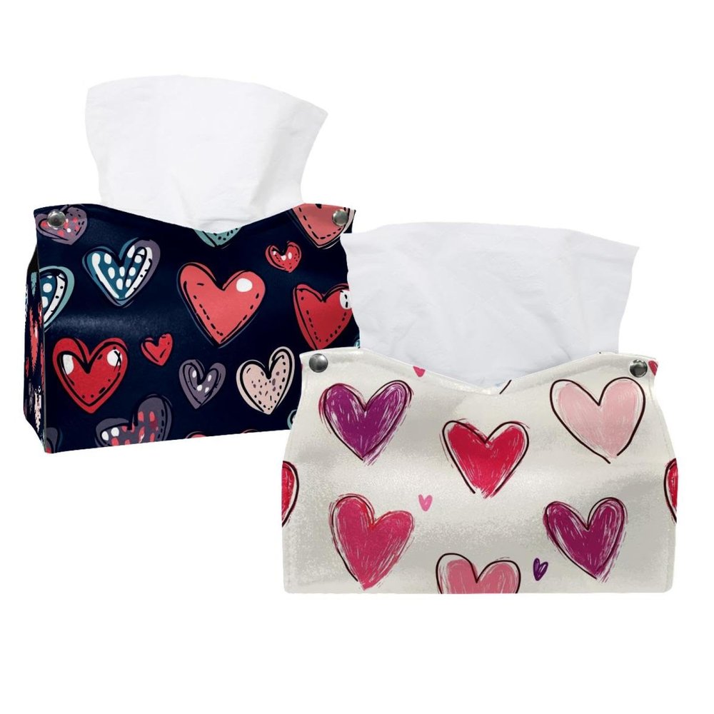2 pack Hearts Drawn by Hand (6) Tissue Box Cover, Decorative Tissue Box Dispenser for Bathroom, Parlors, Office, Bedroom Dresser, Vanity Countertop, Nightstand, Car, and Desk